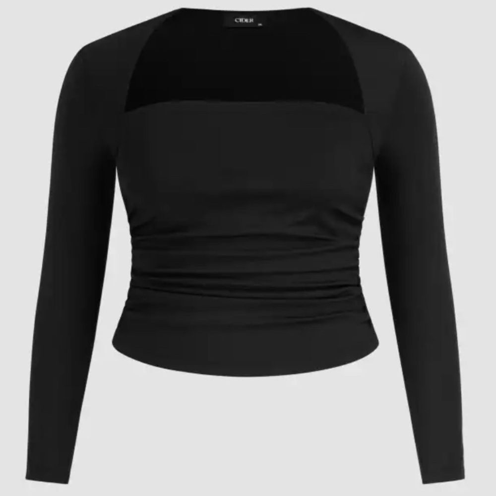 Cider Square Neck Black Ruched Long Sleeve Ribbed Top Size XL